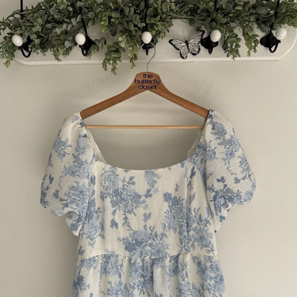 Blu Pepper Marie Blue Flor Dress Puff Sleeve Square Neck Romantic Whimsical - Picture 3 of 5